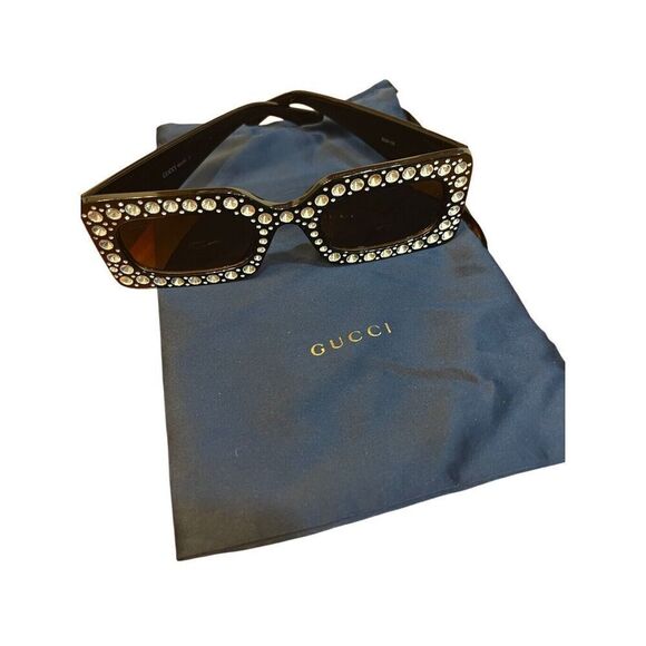 GUCCI black rectangle Diamond Cut Embellished Interlocking Gold G Sunglasses Vtg main image 4